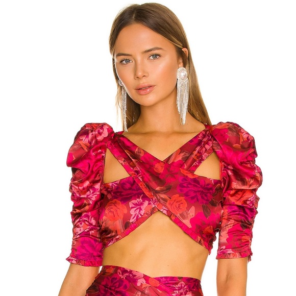 For Love And Lemons Tops - For Love & Lemons Alia cross front floral crop top in red size L NWT